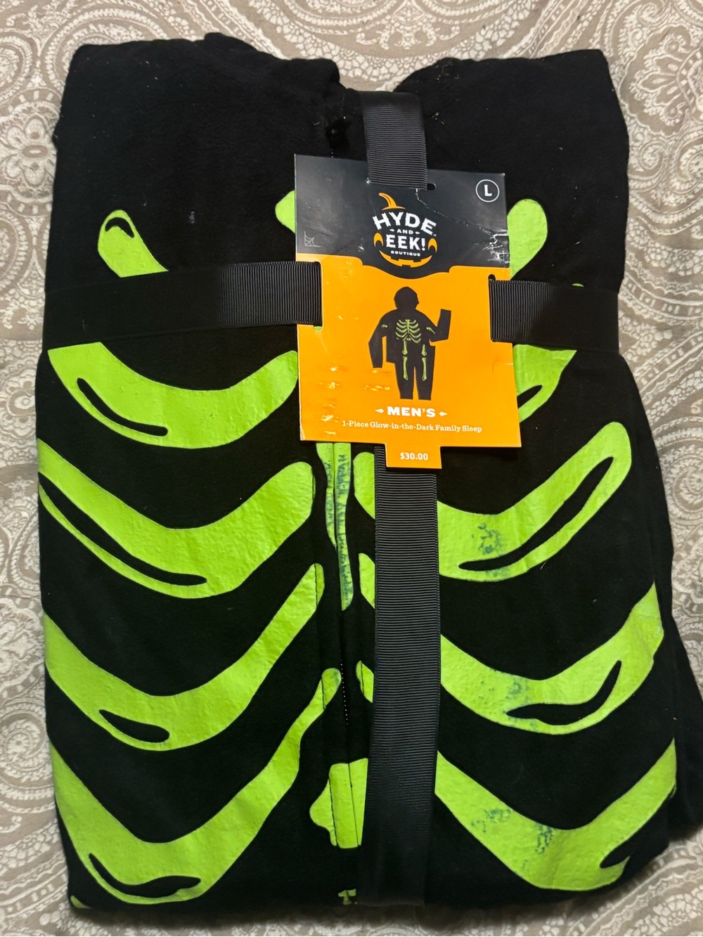 Hyde & EEK! Men’s Black and Neon Green Skeleton Onesie - L